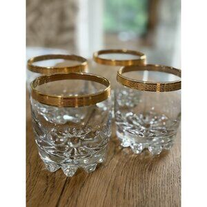 4 Vtg Double Old Fashion Glasses Circleware Crystal Gold Rim Heavy MCM